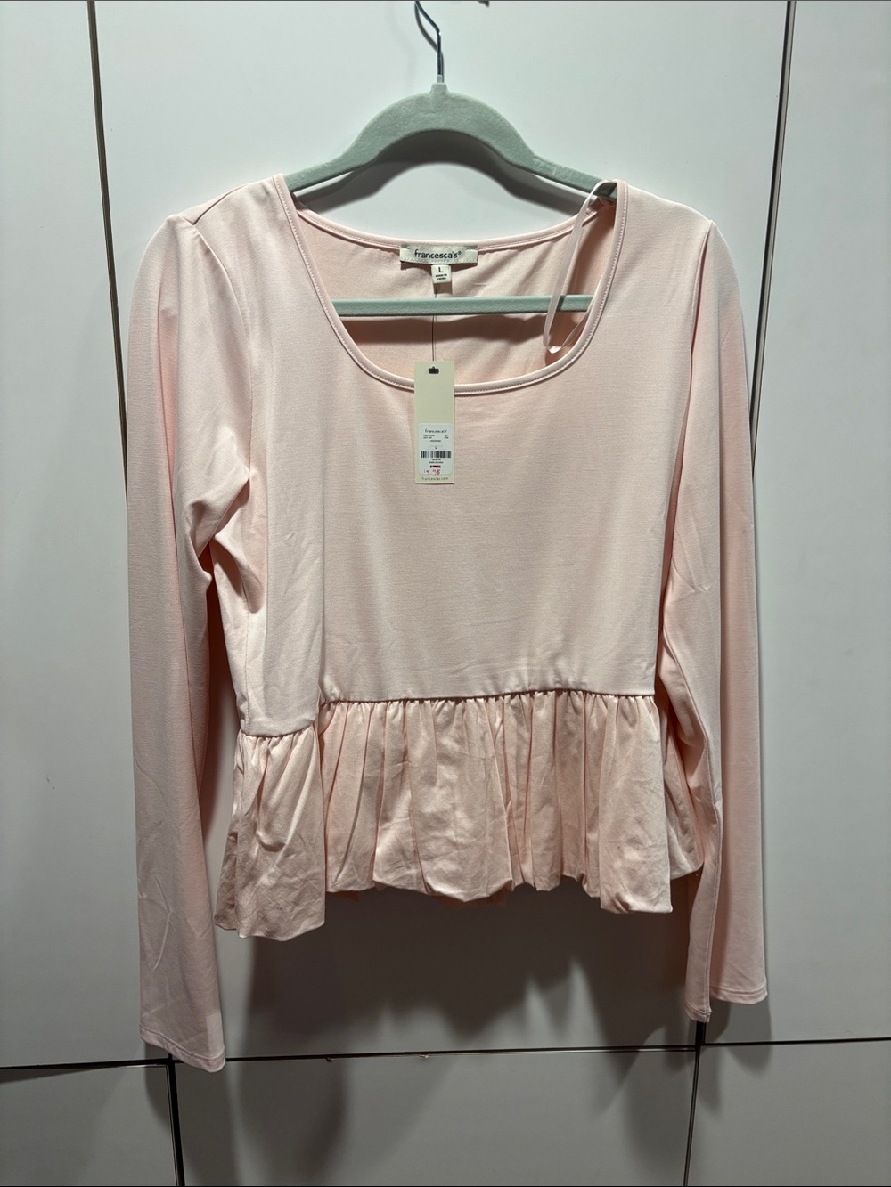Francesca's Collections Light Pink Long-Sleeve Peplum Top size large nwt